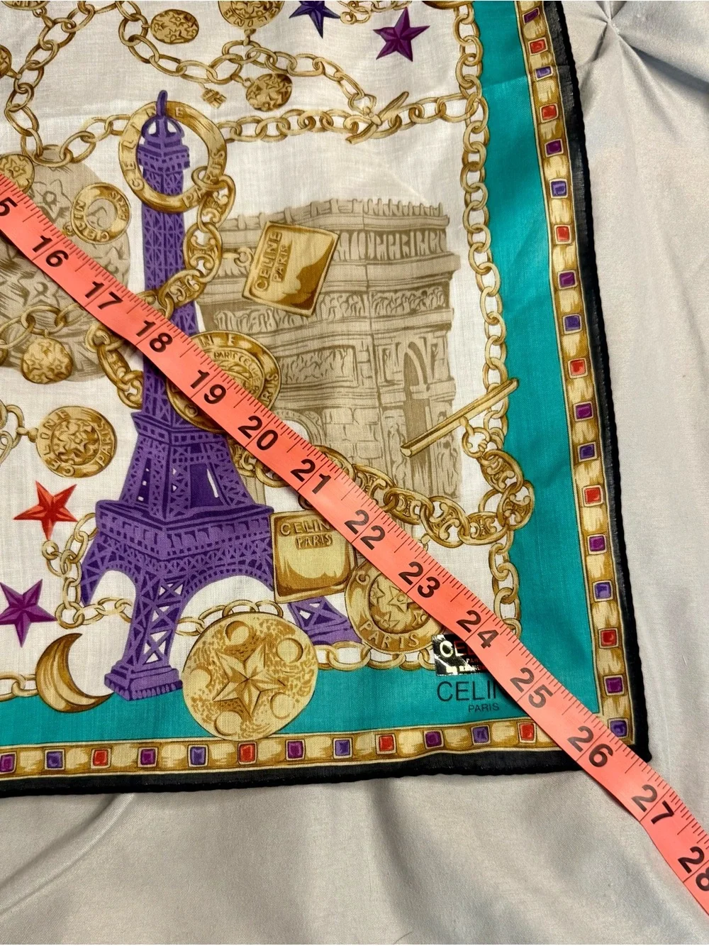 Vintage CELINE Paris Eiffel Tower Chain Print Scarf / Handkerchief